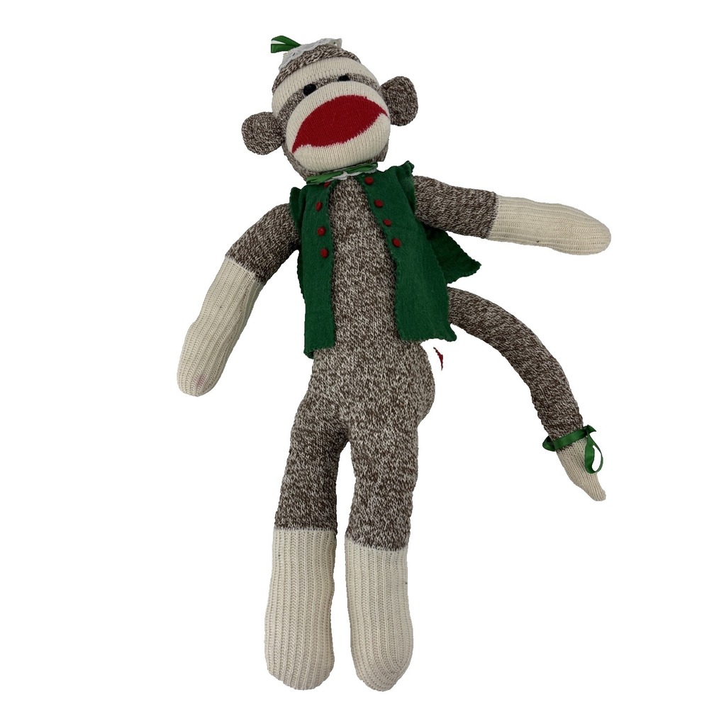 Vintage Handmade Sock Monkey‎ Plush Doll Green Vest & Hat Clothing Dressed 21 in